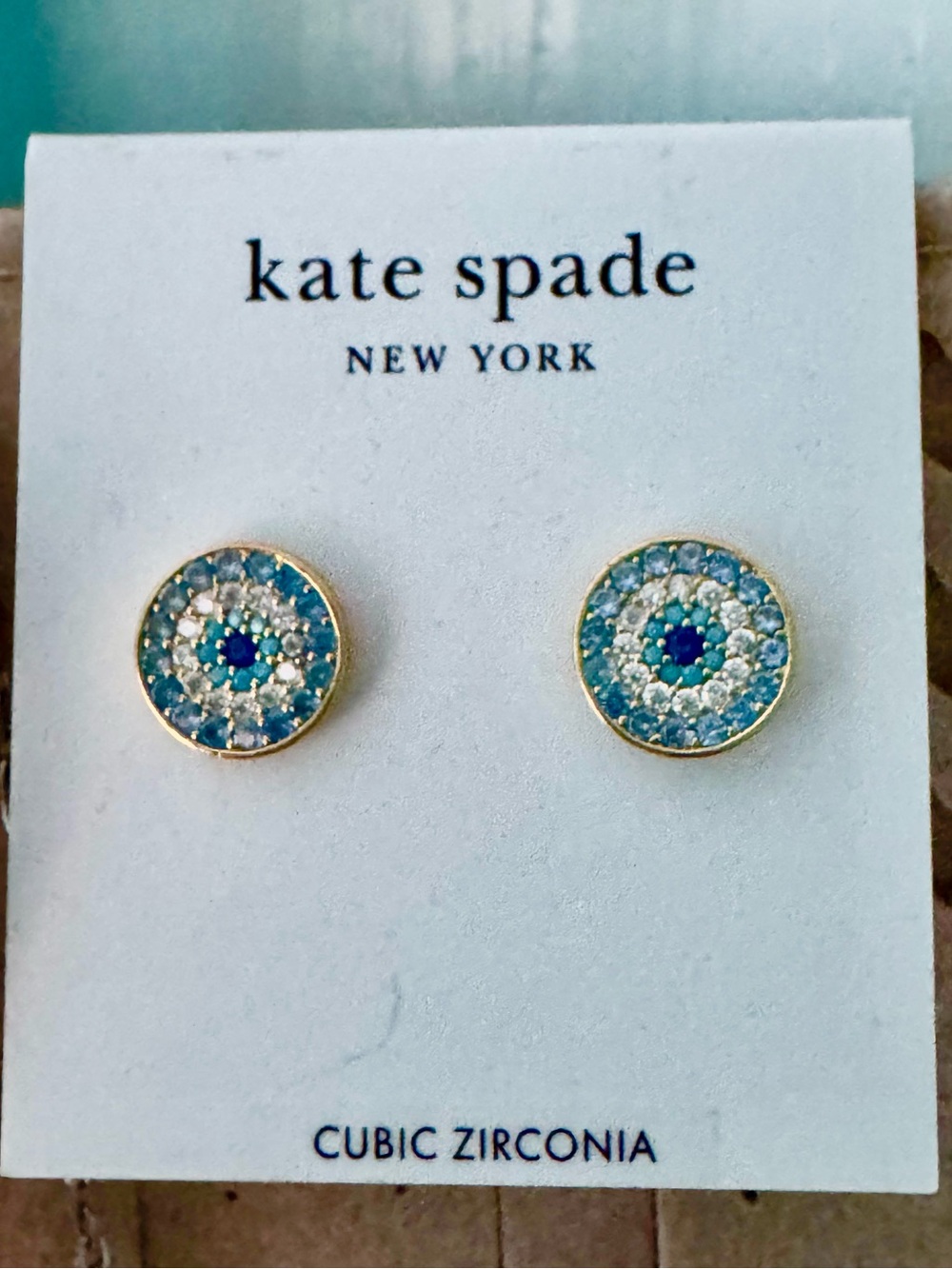 Kate Spade Blue Multicolor Evil Eye Pavé CZ Stud Earrings Gold Tone NEW